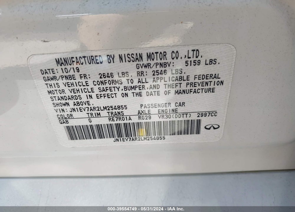 2020 INFINITI Q50 LUXE AWD VIN: JN1EV7AR2LM254855