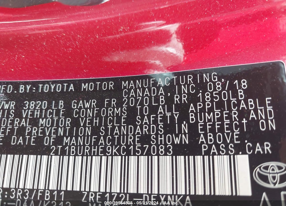 2019 TOYOTA COROLLA LE VIN: 2T1BURHE9KC157083