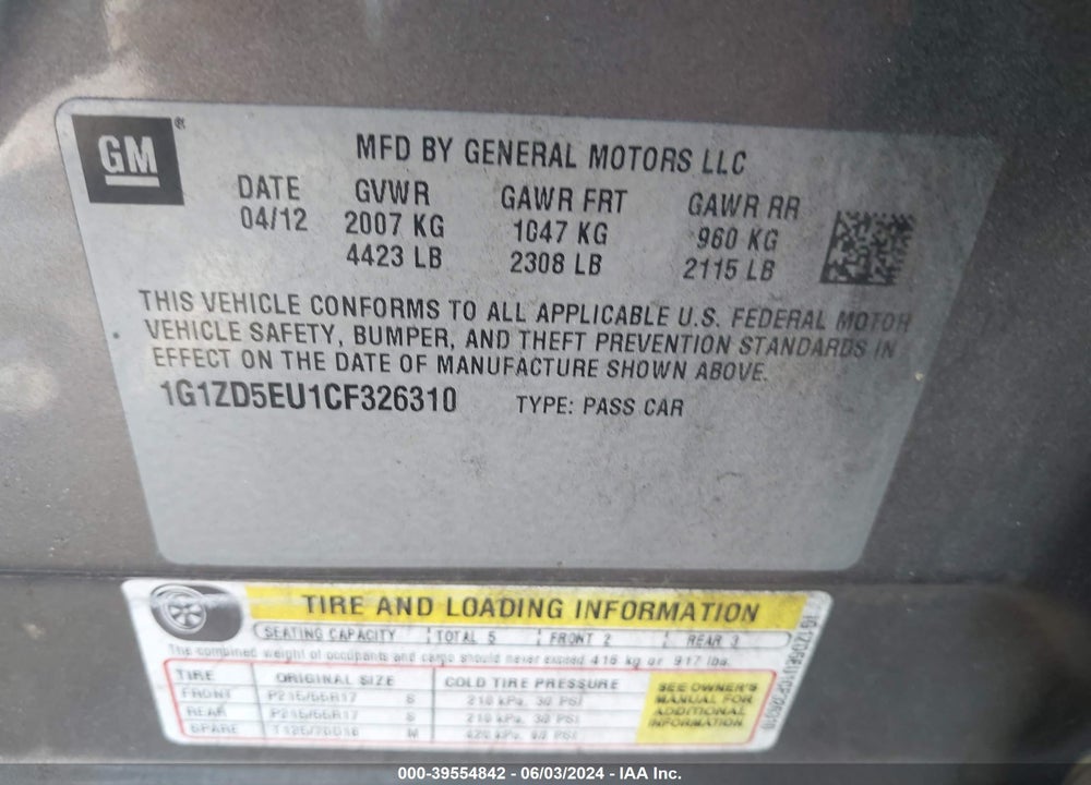 2012 CHEVROLET MALIBU 2LT VIN: 1G1ZD5EU1CF326310