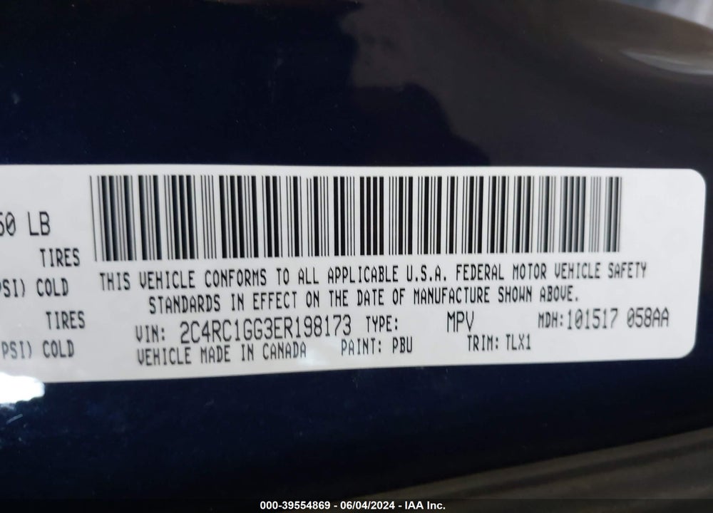 2014 CHRYSLER TOWN & COUNTRY LIMITED VIN: 2C4RC1GG3ER198173