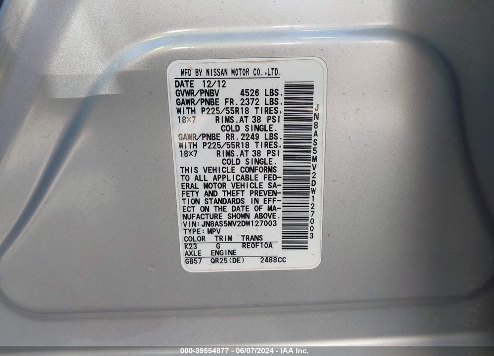 2013 NISSAN ROGUE SV W/SL PKG VIN: JN8AS5MV2DW127003