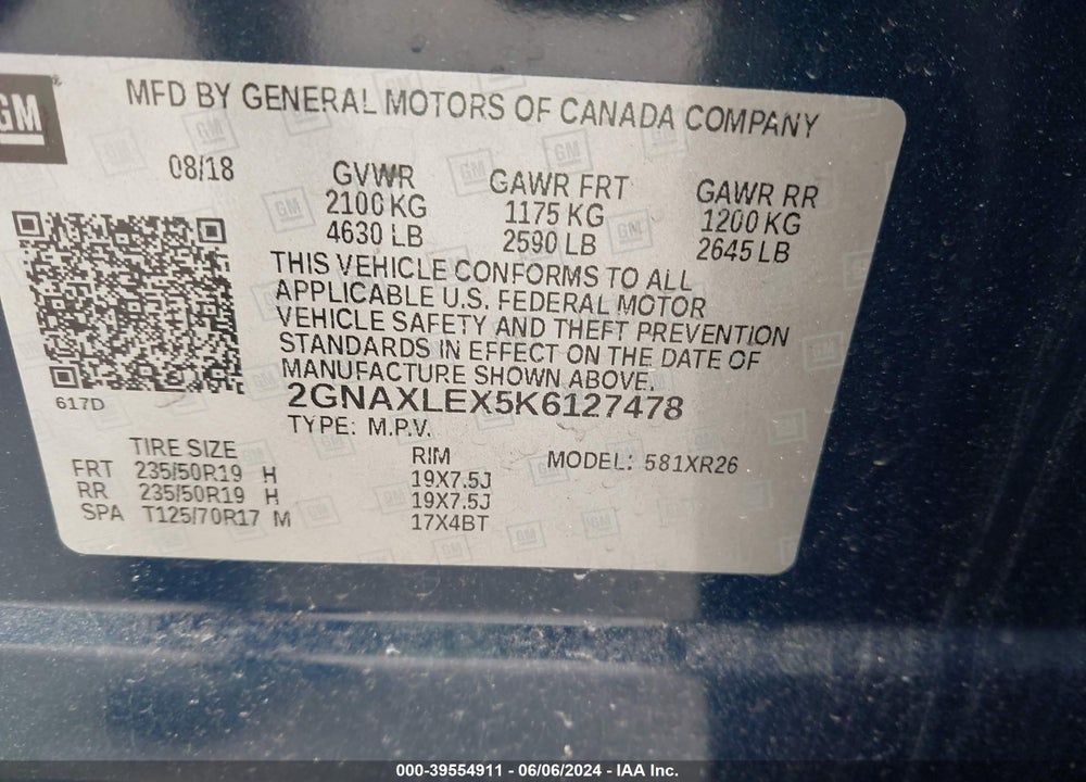 2019 CHEVROLET EQUINOX LT VIN: 2GNAXLEX5K6127478
