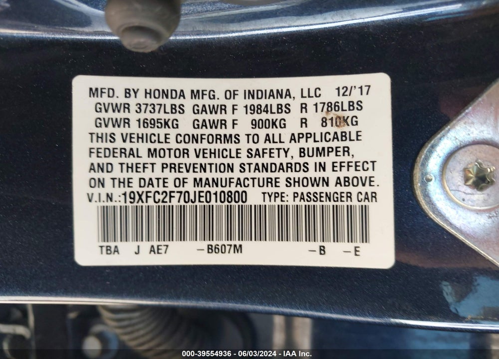 2018 HONDA CIVIC EX VIN: 19XFC2F70JE010800