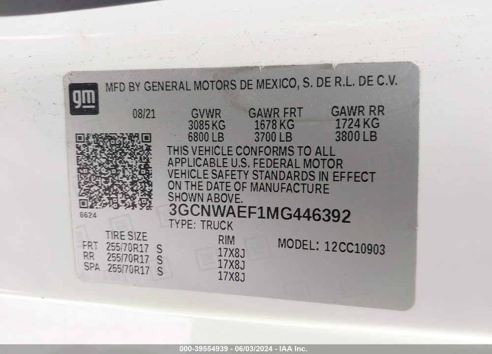 2021 CHEVROLET SILVERADO 1500 2WD REGULAR CAB LONG BED WT VIN: 3GCNWAEF1MG446392
