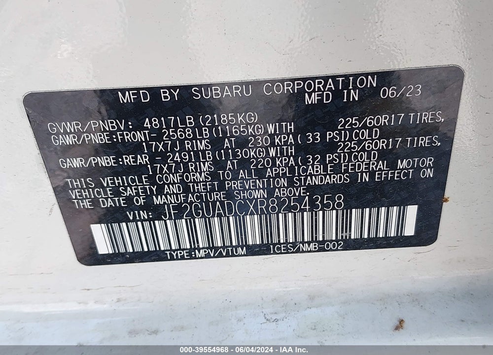 2024 SUBARU CROSSTREK PREMIUM VIN: JF2GUADCXR8254358