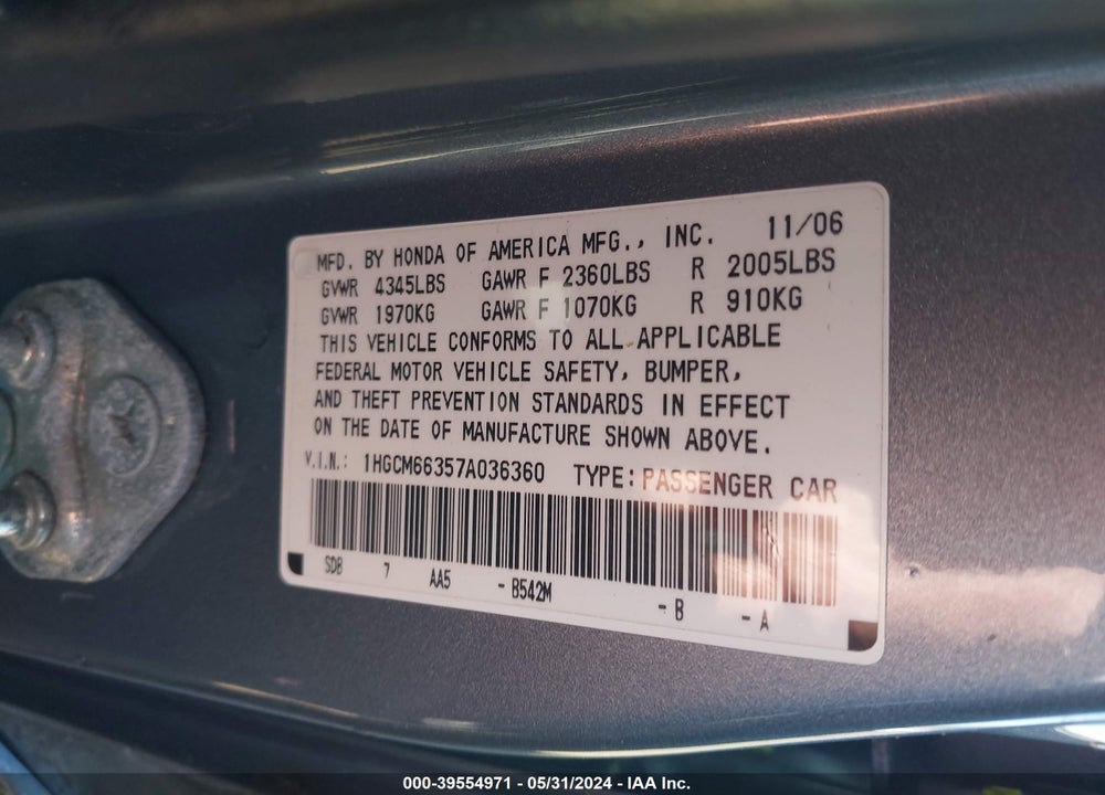 2007 HONDA ACCORD 3.0 LX VIN: 1HGCM66357A036360
