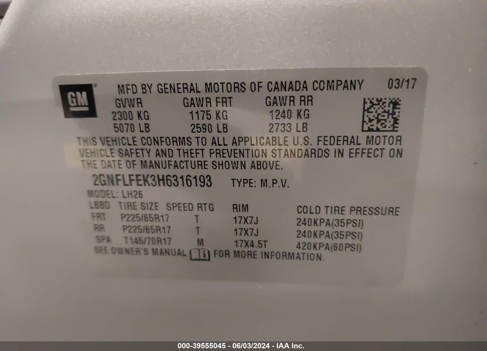 2017 CHEVROLET EQUINOX LT VIN: 2GNFLFEK3H6316193