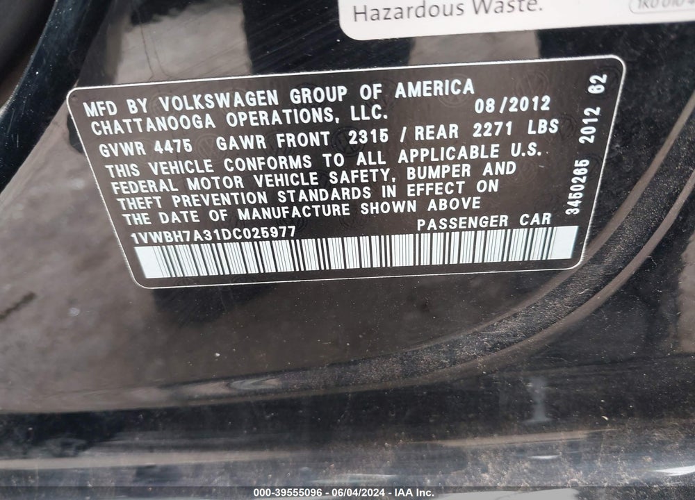 2013 VOLKSWAGEN PASSAT 2.5L SE VIN: 1VWBH7A31DC025977
