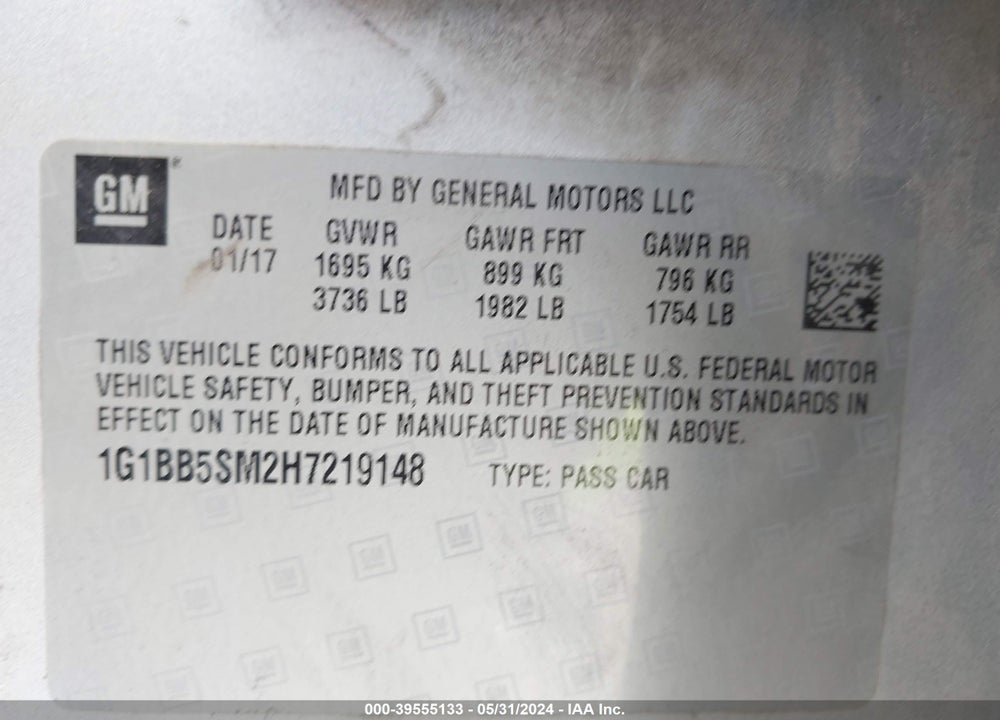 2017 CHEVROLET CRUZE VIN: 1G1BB5SM2H7219148