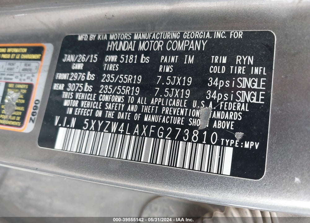 2015 HYUNDAI SANTA FE SPORT VIN: 5XYZW4LAXFG273810