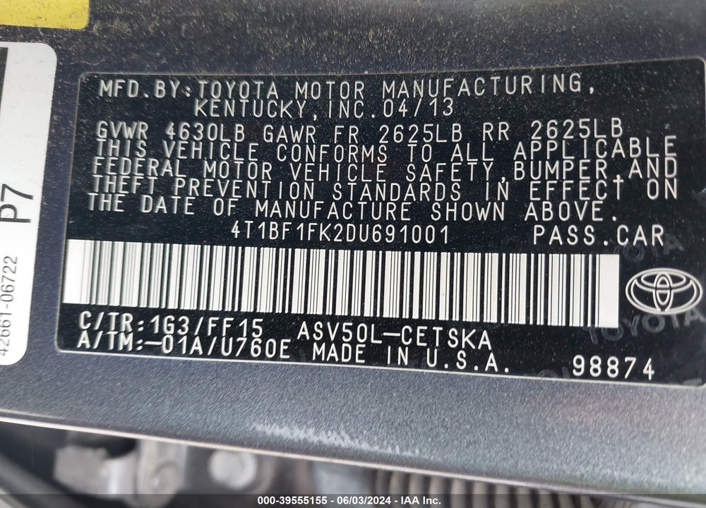 2013 TOYOTA CAMRY SE VIN: 4T1BF1FK2DU691001