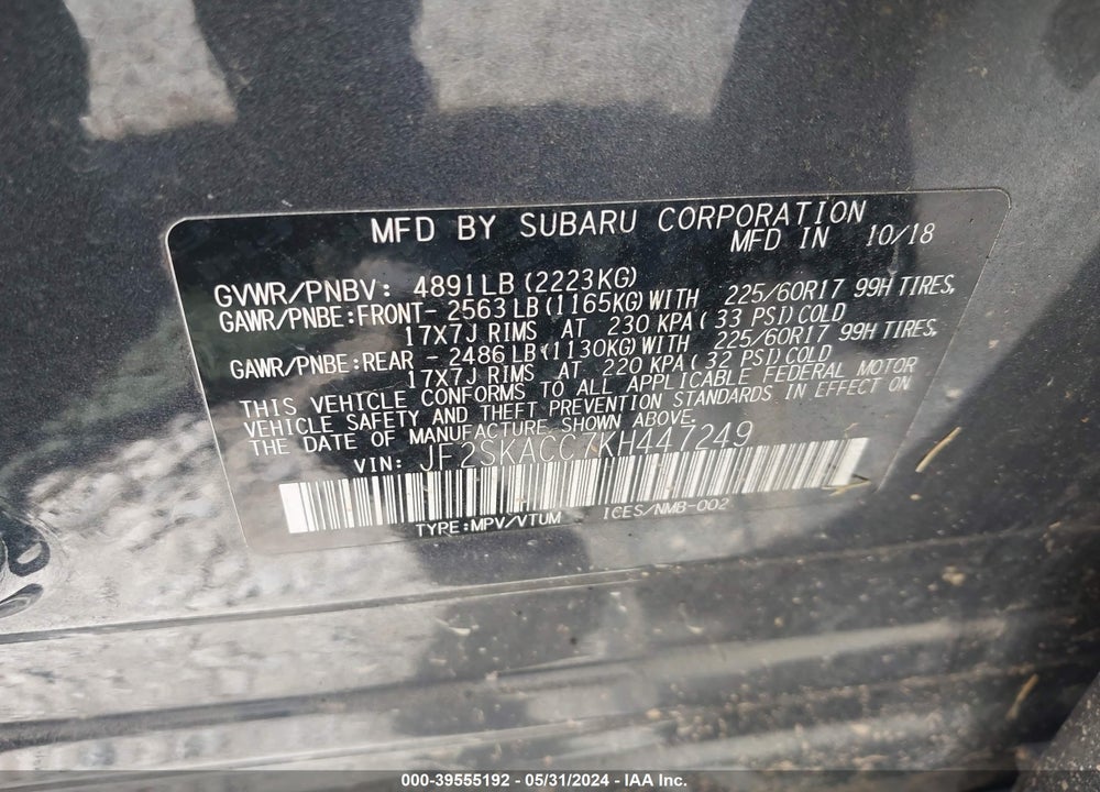 2019 SUBARU FORESTER VIN: JF2SKACC7KH447249