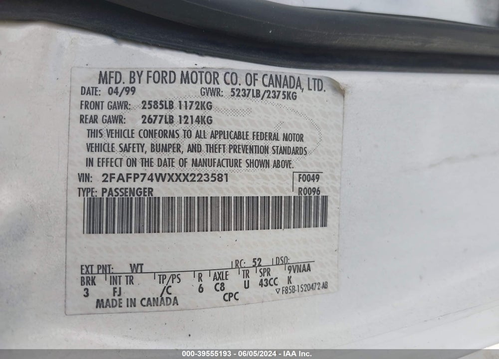 1999 FORD CROWN VICTORIA LX VIN: 2FAFP74WXXX223581