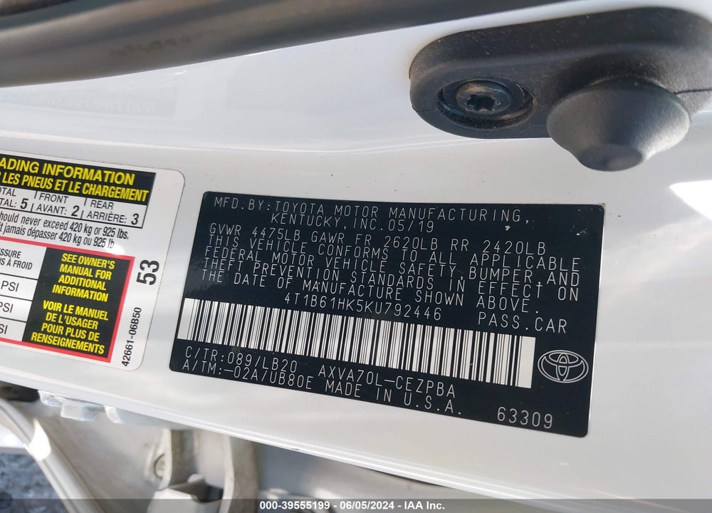 2019 TOYOTA CAMRY XSE VIN: 4T1B61HK5KU792446
