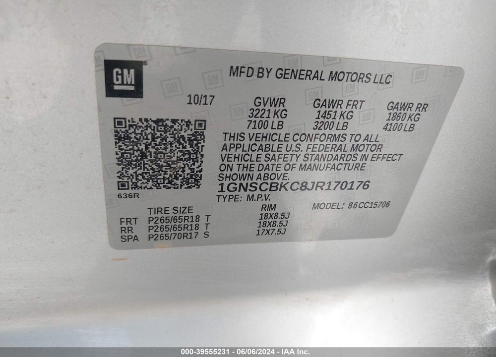 2018 CHEVROLET TAHOE LT VIN: 1GNSCBKC8JR170176