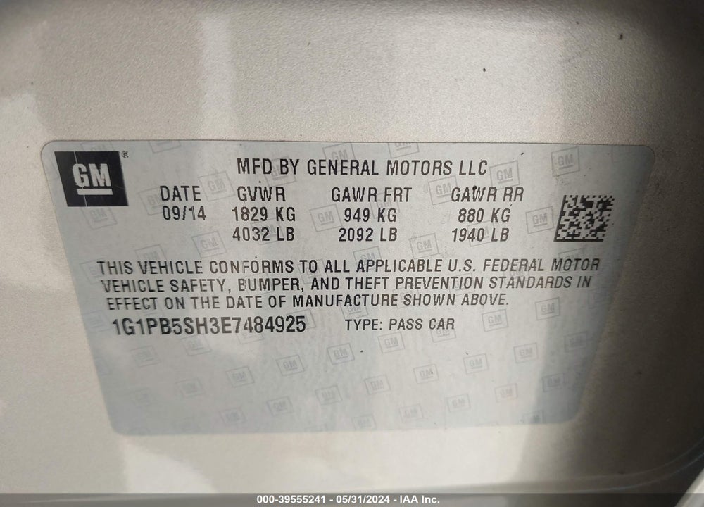 2014 CHEVROLET CRUZE LS MANUAL VIN: 1G1PB5SH3E7484925