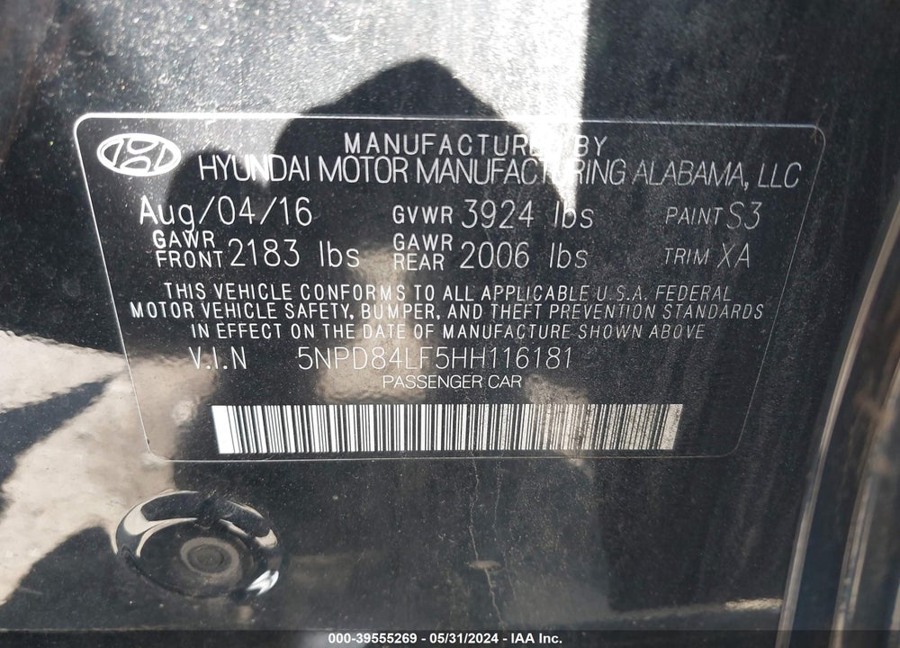 2017 HYUNDAI ELANTRA SE VIN: 5NPD84LF5HH116181