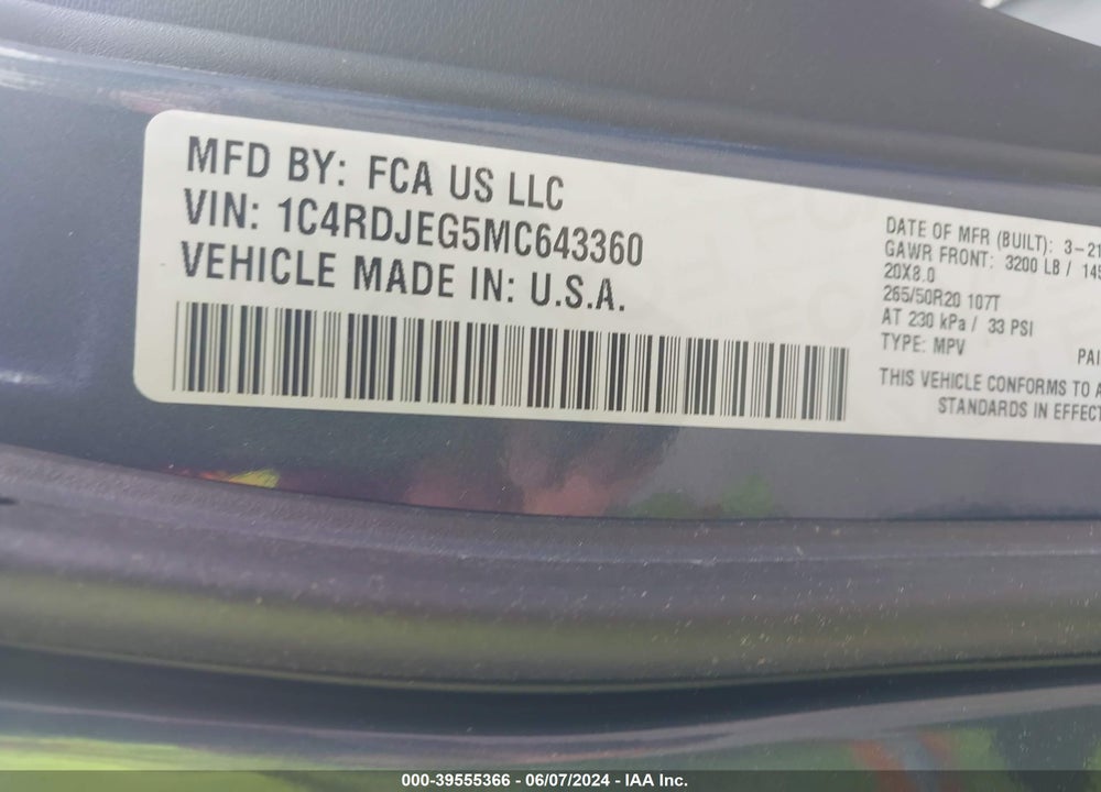 2021 DODGE DURANGO CITADEL AWD VIN: 1C4RDJEG5MC643360