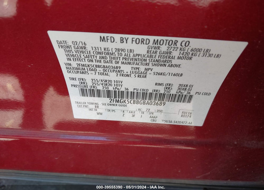 2016 FORD FLEX SEL VIN: 2FMGK5C88GBA03689