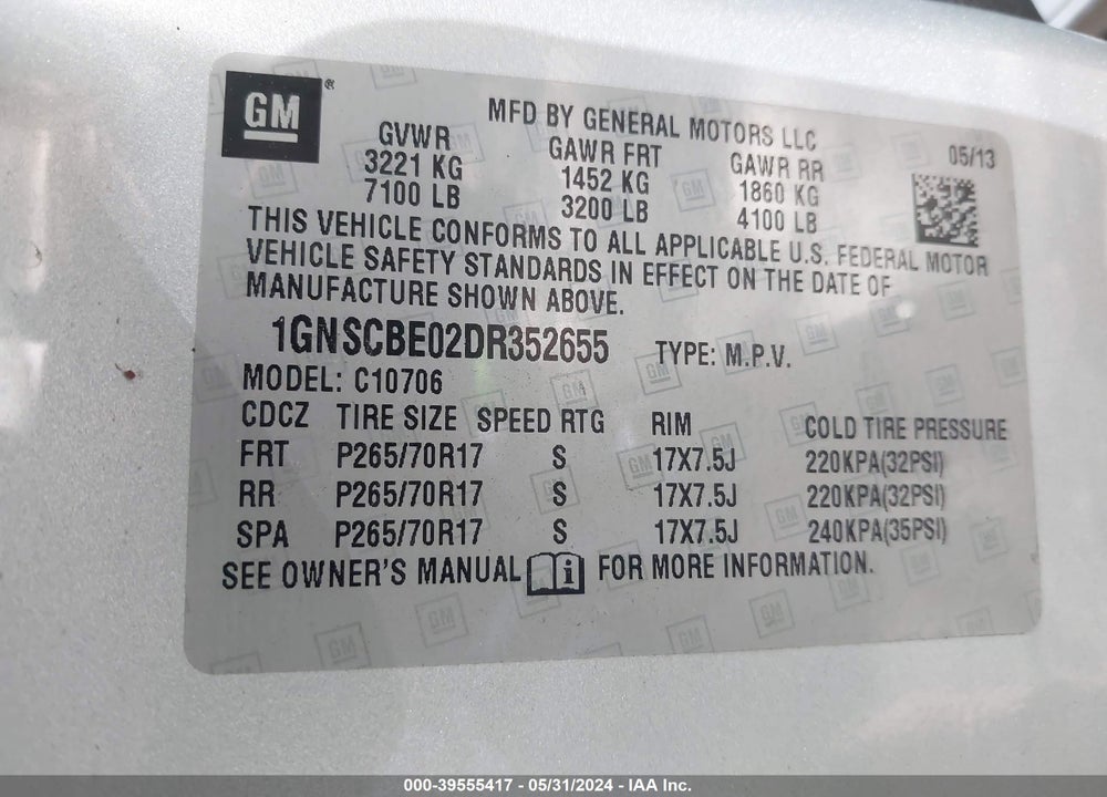 2013 CHEVROLET TAHOE LT VIN: 1GNSCBE02DR352655