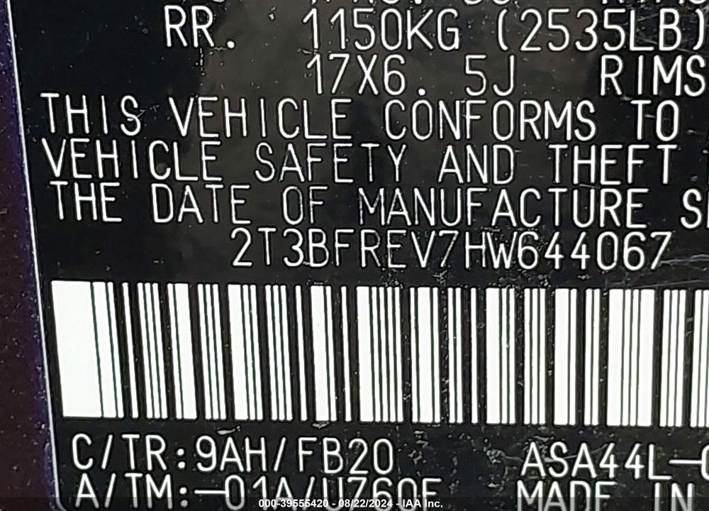 2017 TOYOTA RAV4 LE VIN: 2T3BFREV7HW644067