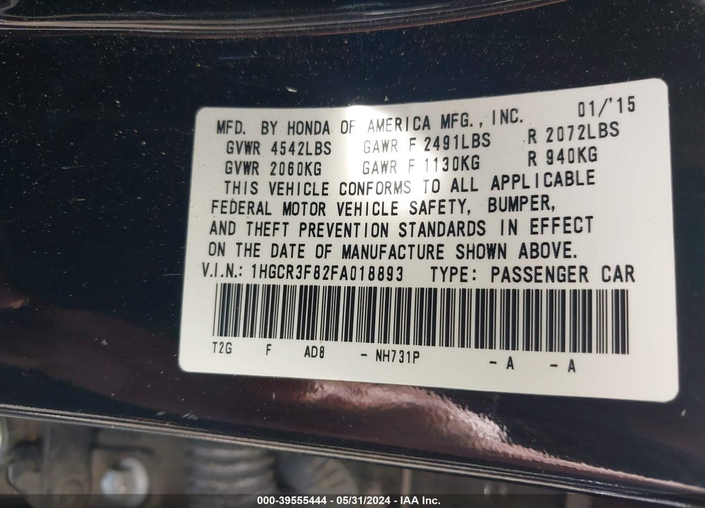 2015 HONDA ACCORD EX-L V-6 VIN: 1HGCR3F82FA018893