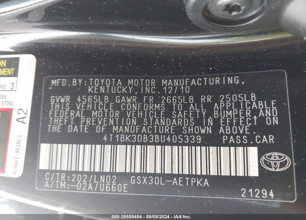 2011 TOYOTA AVALON VIN: 4T1BK3DB3BU405339