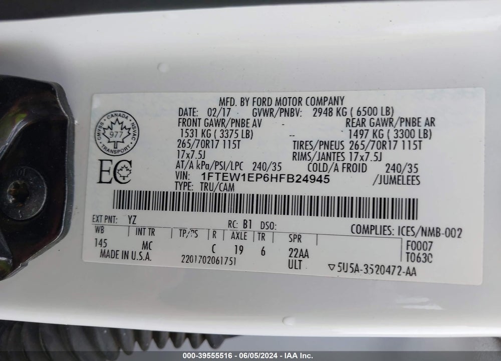 2017 FORD F-150 VIN: 1FTEW1EP6HFB24945