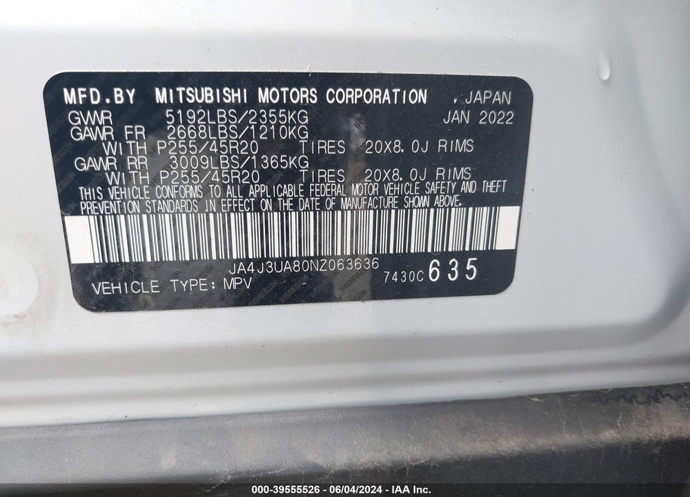 2022 MITSUBISHI OUTLANDER BLACK EDITION 2WD/SE 2.5 2WD/SE LAUNCH EDITION 2WD VIN: JA4J3UA80NZ063636
