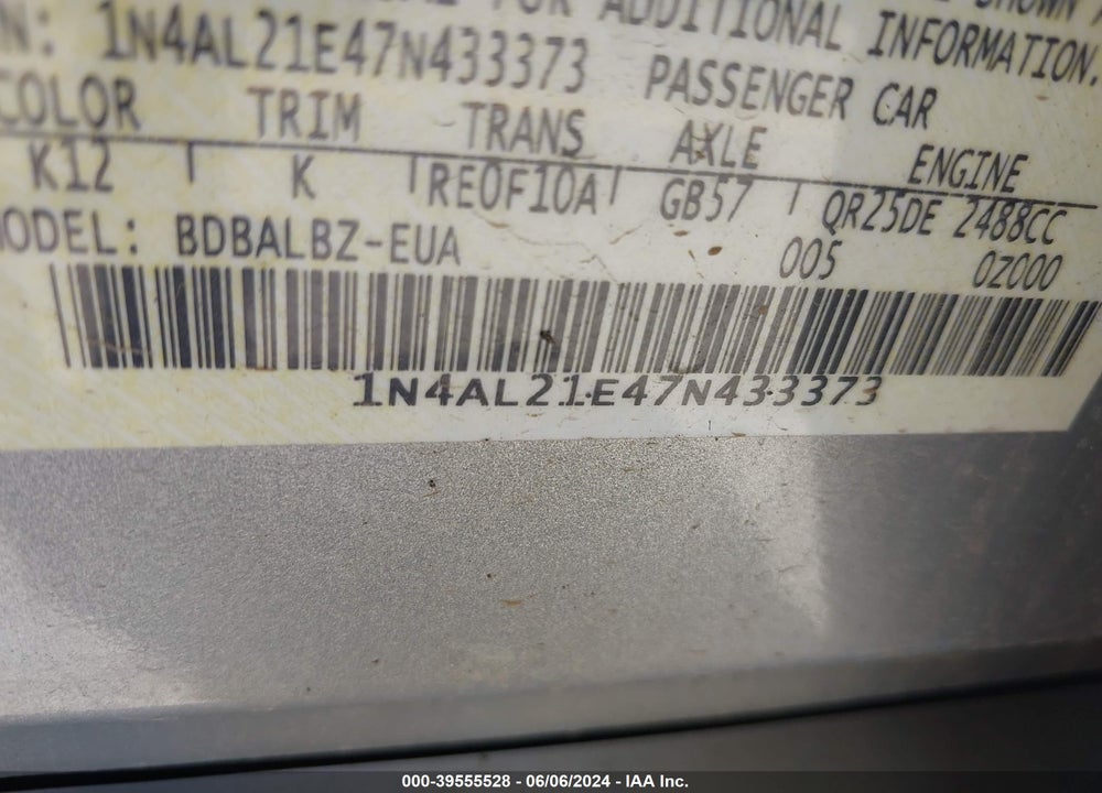 2007 NISSAN ALTIMA 2.5 S VIN: 1N4AL21E47N433373