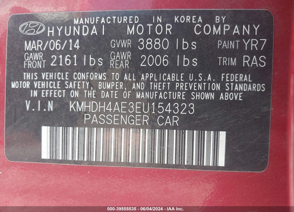 2014 HYUNDAI ELANTRA SE VIN: KMHDH4AE3EU154323