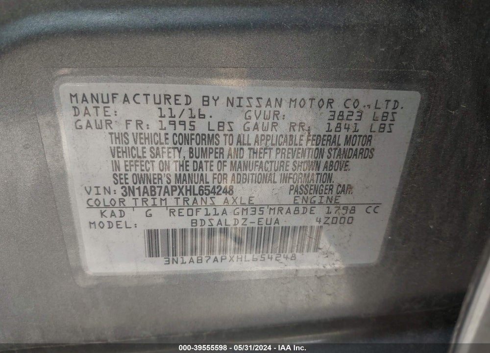 2017 NISSAN SENTRA SV VIN: 3N1AB7APXHL654248