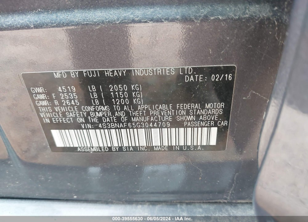 2016 SUBARU LEGACY 2.5I PREMIUM VIN: 4S3BNAF65G3044709