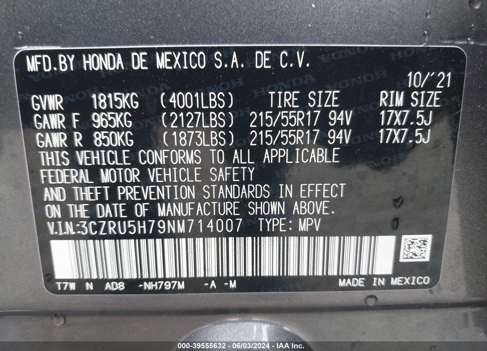 2022 HONDA HR-V 2WD EX-L VIN: 3CZRU5H79NM714007