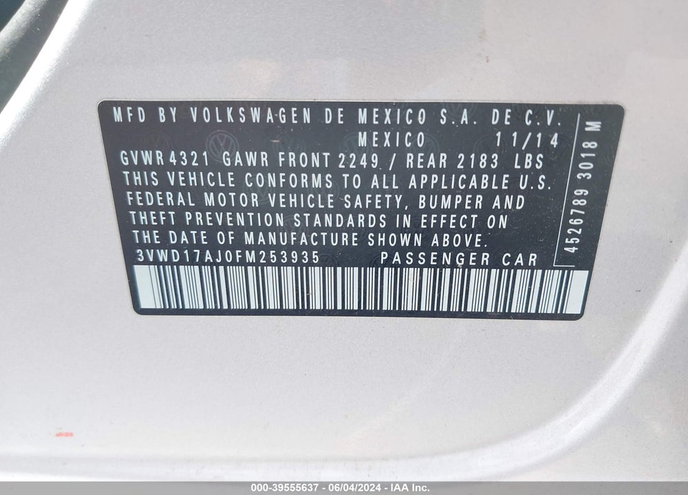 2015 VOLKSWAGEN JETTA 1.8T SE VIN: 3VWD17AJ0FM253935