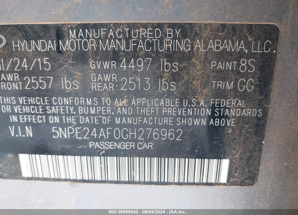 2016 HYUNDAI SONATA SE VIN: 5NPE24AF0GH276962
