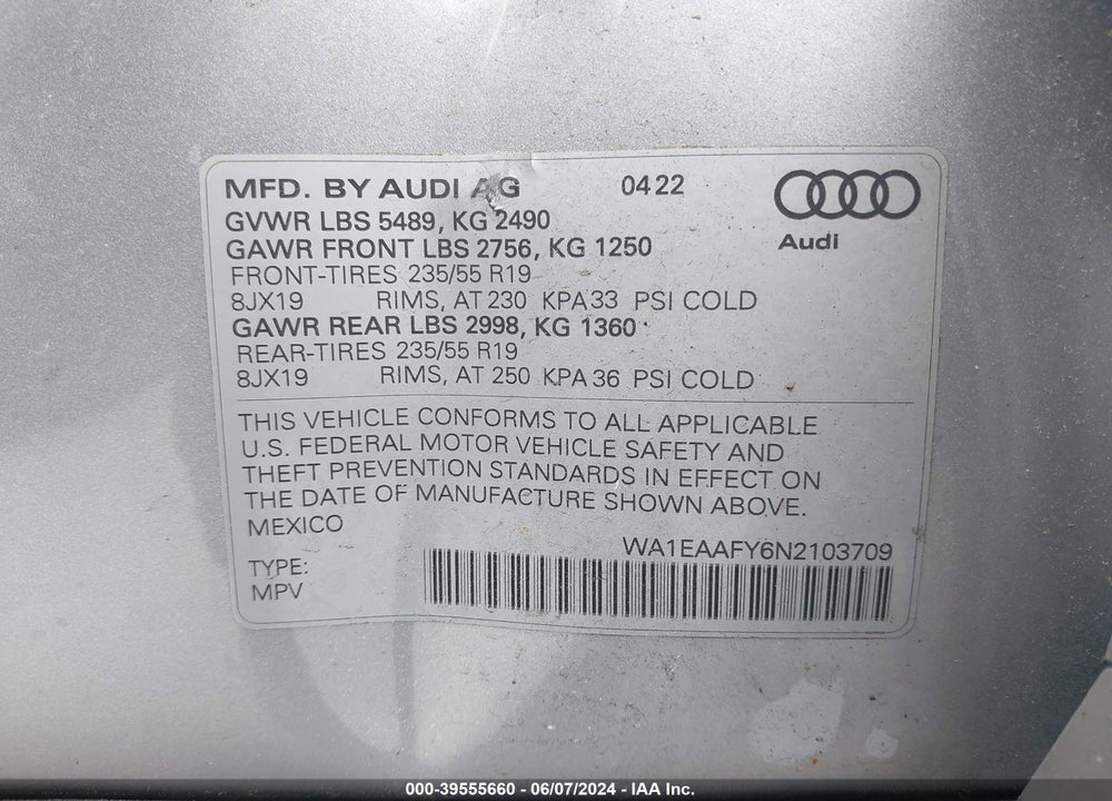 2022 AUDI Q5 PREMIUM PLUS 45 TFSI S LINE QUATTRO S TRONIC VIN: WA1EAAFY6N2103709