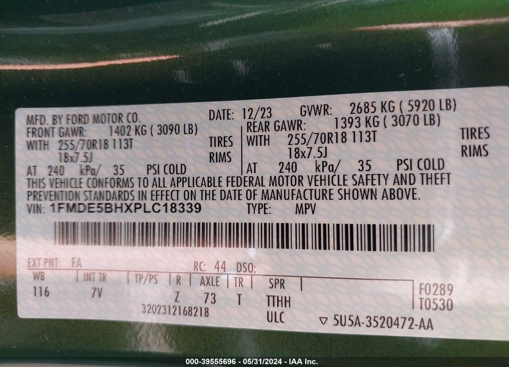2023 FORD BRONCO OUTER BANKS VIN: 1FMDE5BHXPLC18339