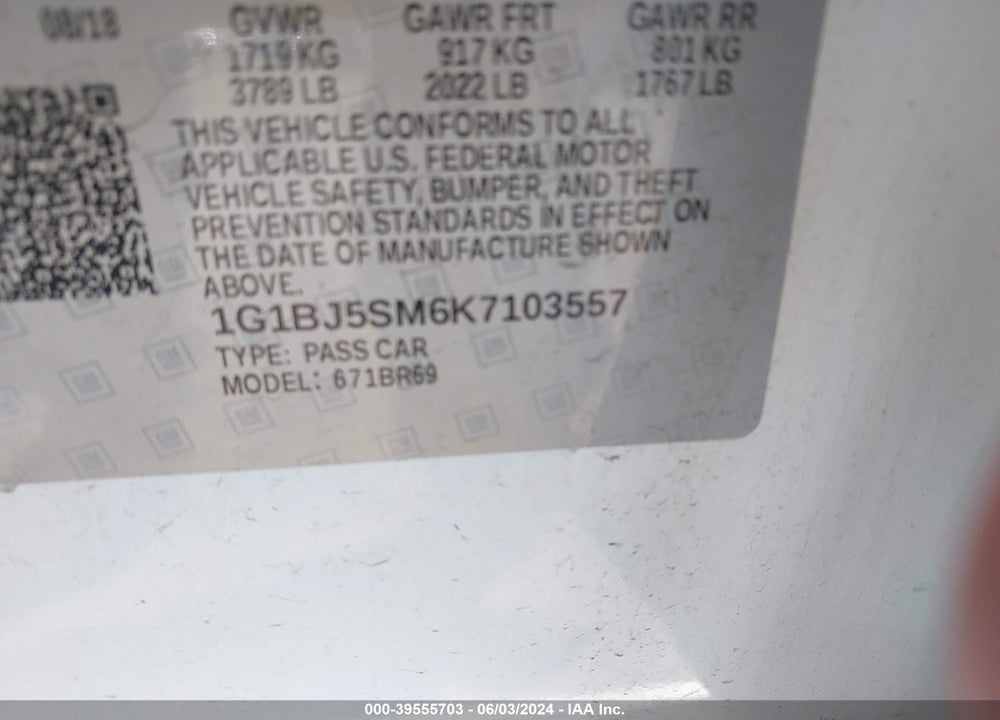 2019 CHEVROLET CRUZE CVT (FLEET ORDERS ONLY) VIN: 1G1BJ5SM6K7103557