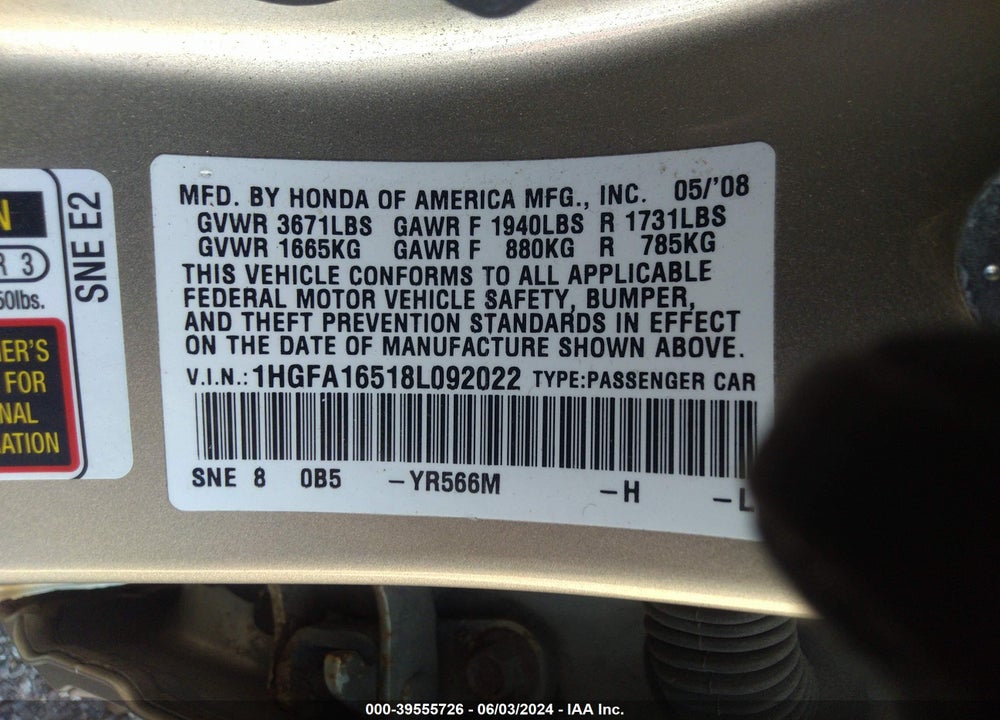2008 HONDA CIVIC LX VIN: 1HGFA16518L092022