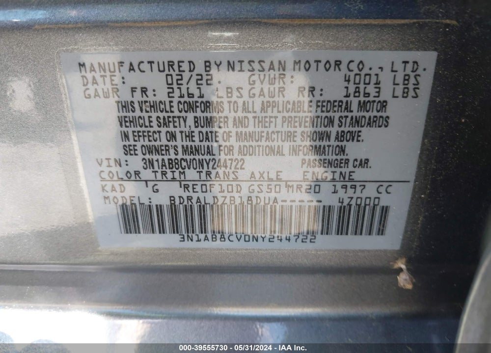 2022 NISSAN SENTRA SV XTRONIC CVT VIN: 3N1AB8CV0NY244722