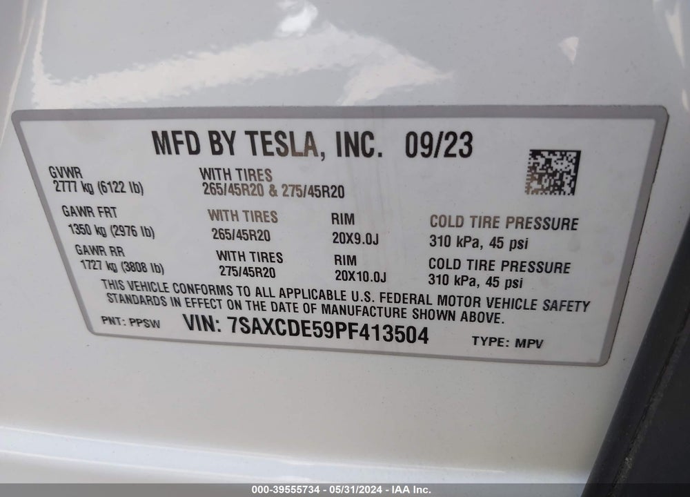 2023 TESLA MODEL X VIN: 7SAXCDE59PF413504