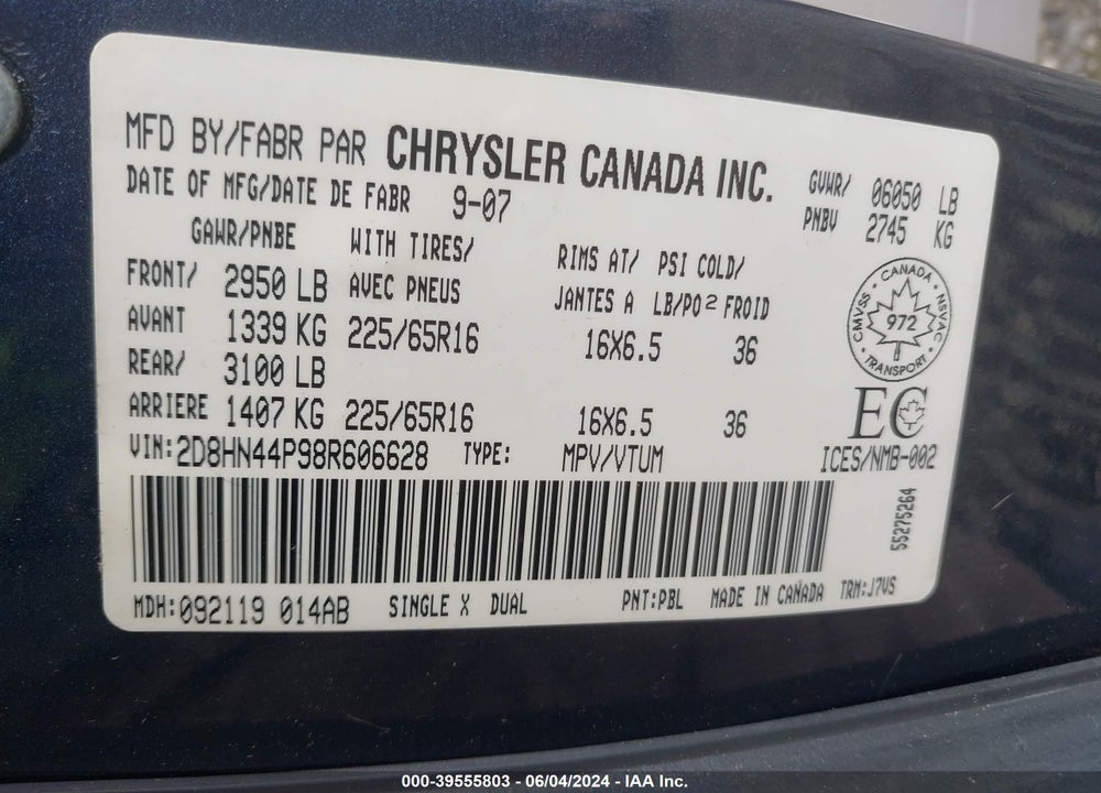 2008 DODGE GRAND CARAVAN SE VIN: 2D8HN44P98R606628