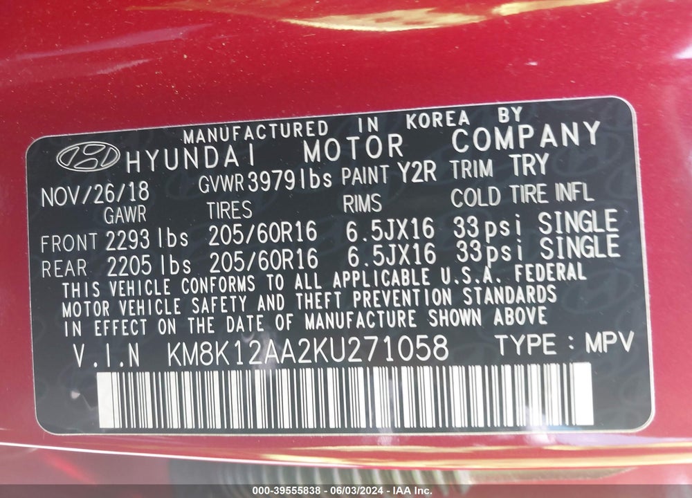 2019 HYUNDAI KONA SE VIN: KM8K12AA2KU271058
