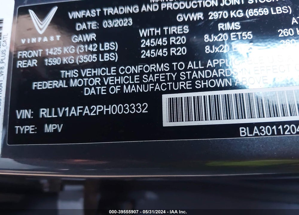 2023 VINFAST VF 8 PLUS VIN: RLLV1AFA2PH003332