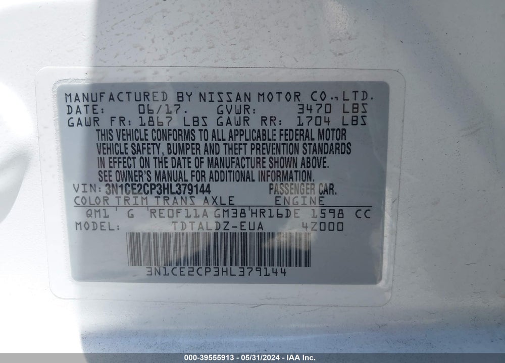 2017 NISSAN VERSA NOTE SV VIN: 3N1CE2CP3HL379144