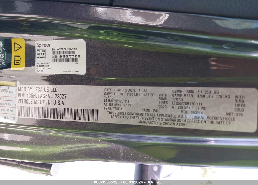 2022 JEEP GLADIATOR WILLYS 4X4 VIN: 1C6HJTAG6NL172527
