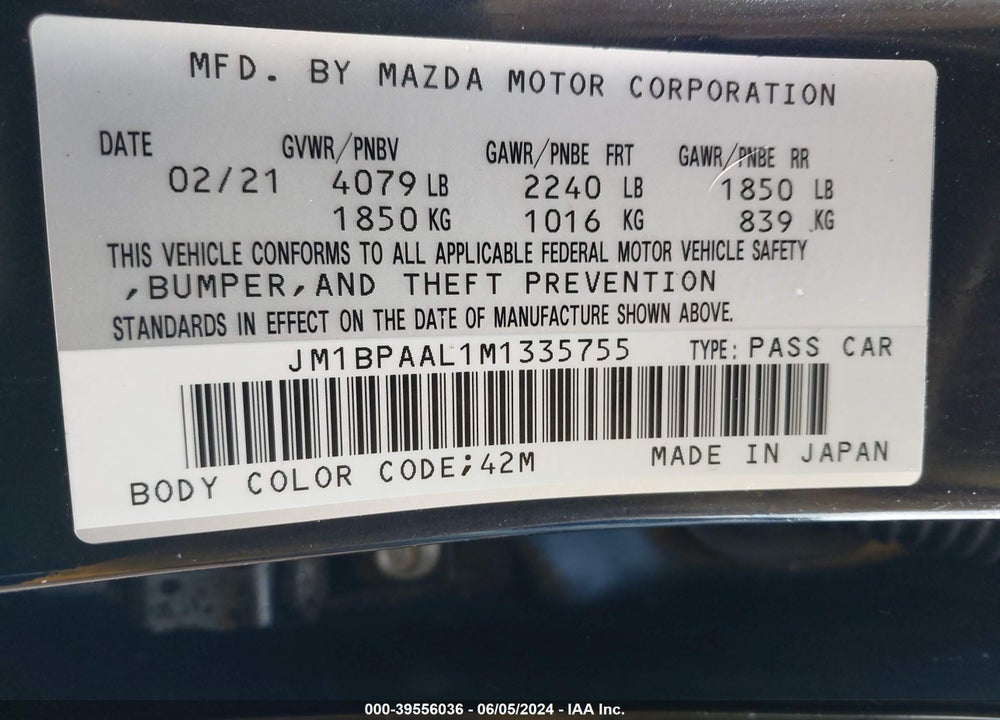 2021 MAZDA 3 2.5 S VIN: JM1BPAAL1M1335755
