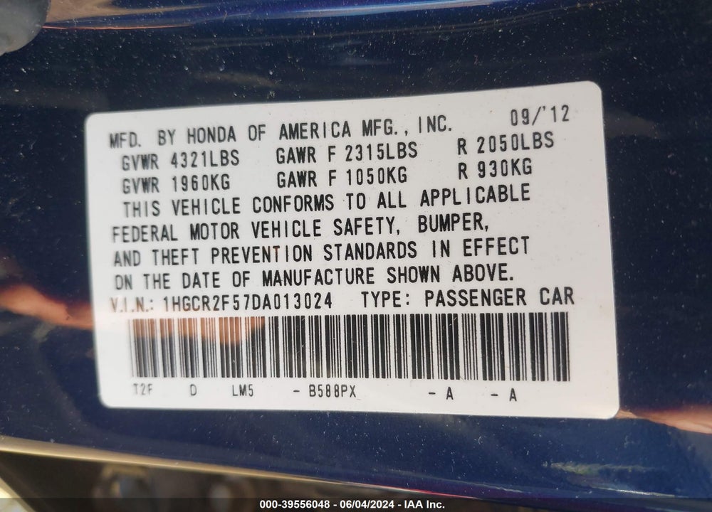 2013 HONDA ACCORD SPORT VIN: 1HGCR2F57DA013024