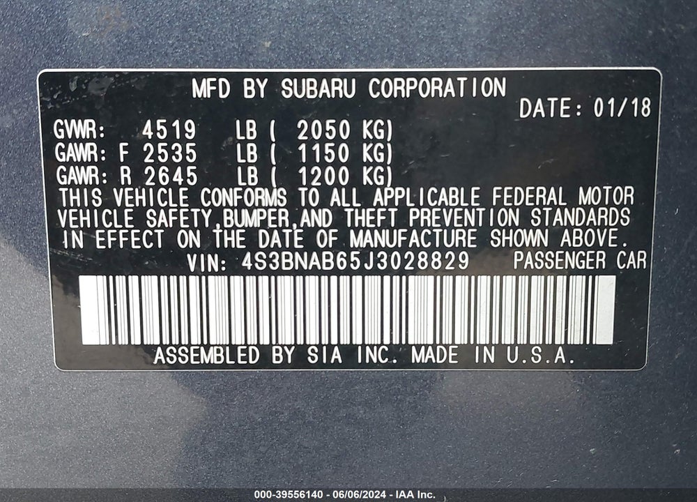 2018 SUBARU LEGACY 2.5I VIN: 4S3BNAB65J3028829